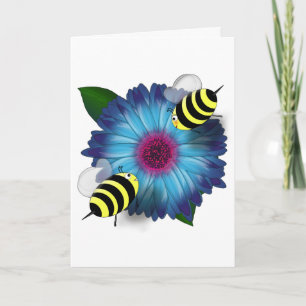 Cartoon Honey Bees Meeting on Blue Flower Card