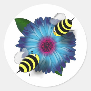 Cartoon Honey Bees Meeting on Blue Flower Classic Round Sticker