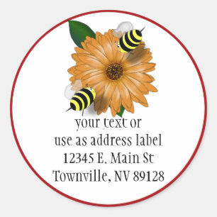 Cartoon Honey Bees Meeting on Orange Flower Classic Round Sticker