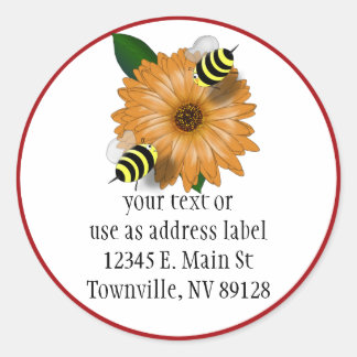 Cartoon Honey Bees Meeting on Orange Flower Classic Round Sticker