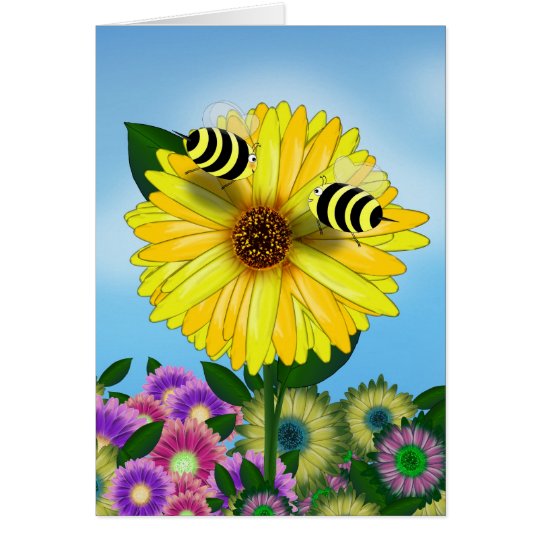 Cartoon Honey Bees Meeting on Yellow Flower Card