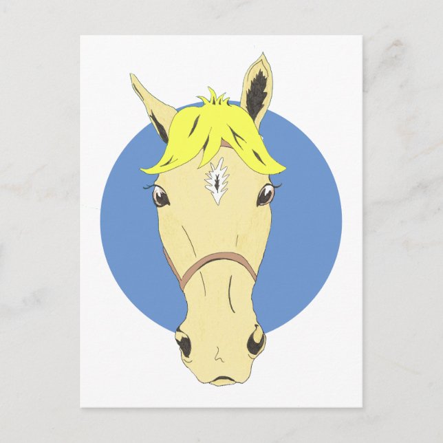 Cartoon horse on white and blue postcard (Front)