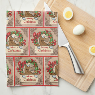 Cartoon Horse With Wreath Merry Christmas Sign Tea Towel