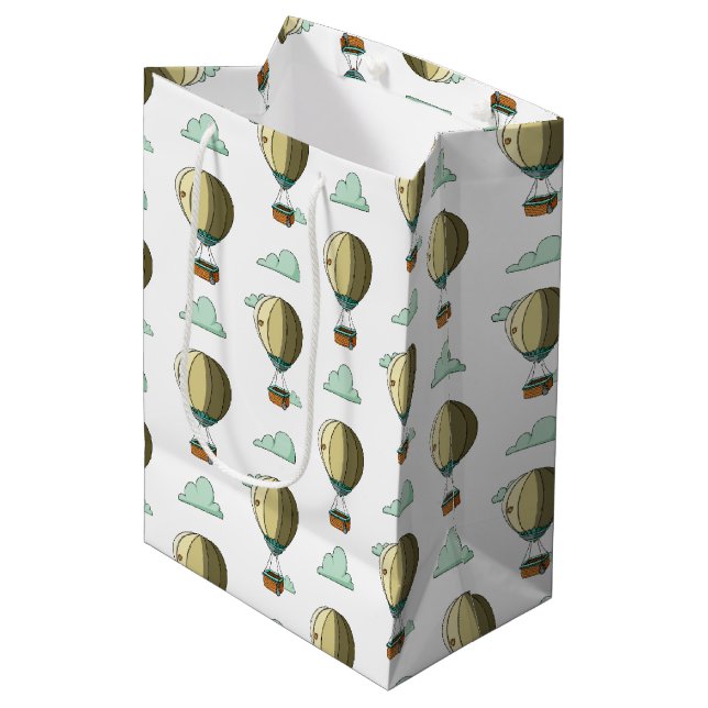 Cartoon Hot Air Balloon Neutral Baby Shower Medium Gift Bag (Front Angled)