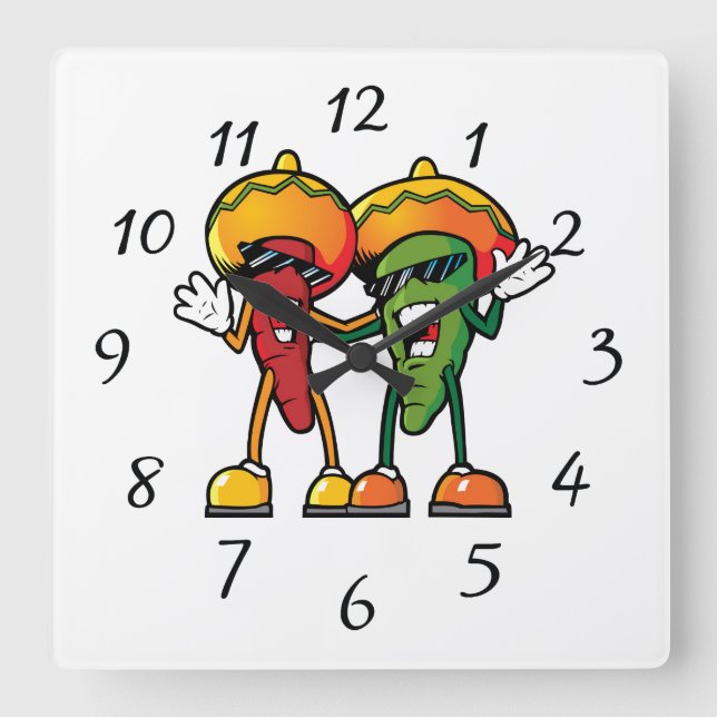 Cartoon hot peppers square wall clock (Front)