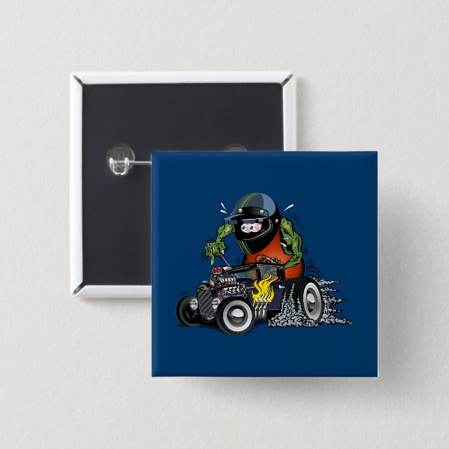 Cartoon hot rod 15 cm square badge (Front & Back)