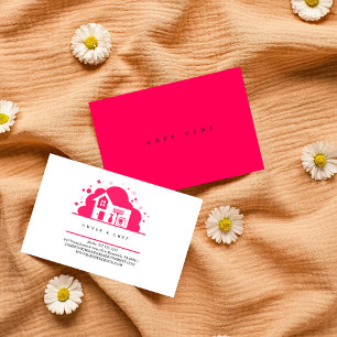 Cartoon house Maid Cleaning Services pink Business Card