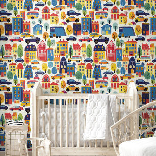 Cartoon Houses Cars Trees Pattern for Kids Room Wallpaper