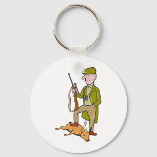Cartoon Hunter With Rifle Standing on Deer Key Ring