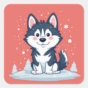 Cartoon Husky Sitting In Christmas Snow Square Sticker