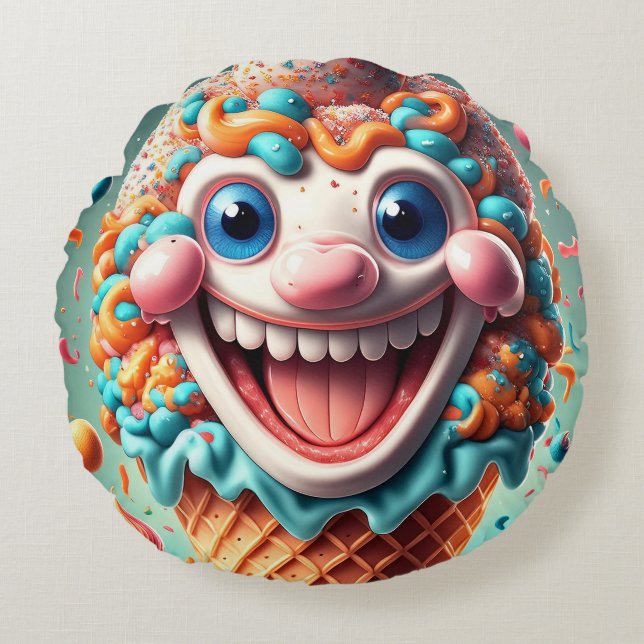 Cartoon Ice Cream Cone Round Pillow – Whimsical  (Front)