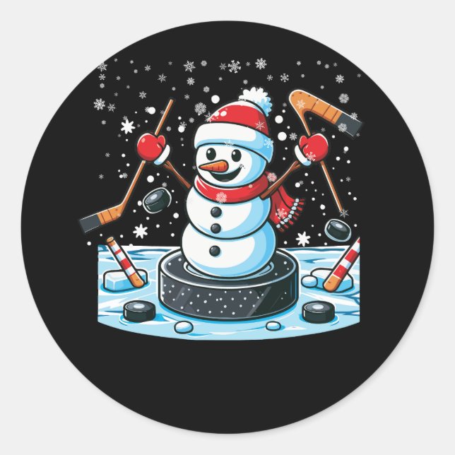Cartoon Ice Hockey Puck Snowman With Santa Hat Chr Classic Round Sticker (Front)