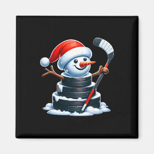 Cartoon Ice Hockey Puck Snowman With Santa Hat Chr Magnet