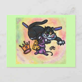 Cartoon Illustration Cat Mouse Cheese Crown Walls Postcard