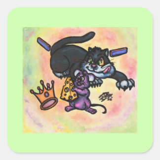 Cartoon Illustration Cat Mouse Cheese Crown Walls Square Sticker