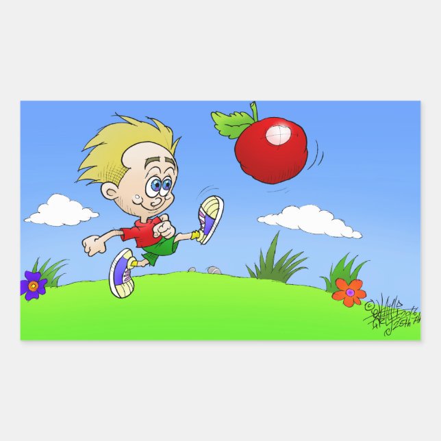 Cartoon illustration of a boy kicking a tomato. rectangular sticker (Front)