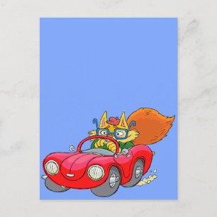 Cartoon illustration, of a cat driving a car. postcard