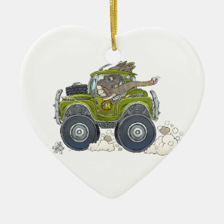Cartoon illustration of a Elephant driving a jeep. Ceramic Tree Decoration