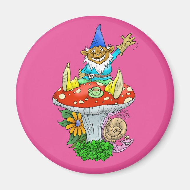 Cartoon illustration of a Waving sitting gnome. Magnet (Front)