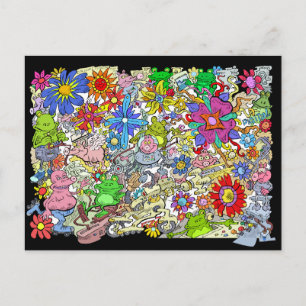 Cartoon illustration, of pigs, flowers and frogs. holiday postcard