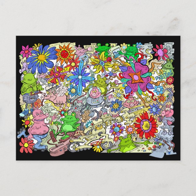 Cartoon illustration, of pigs, flowers and frogs. holiday postcard (Front)