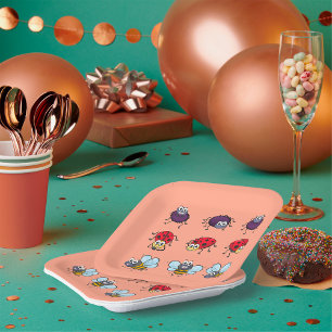 Cartoon Insects Funny Bees Ladybugs Spiders Paper Plate