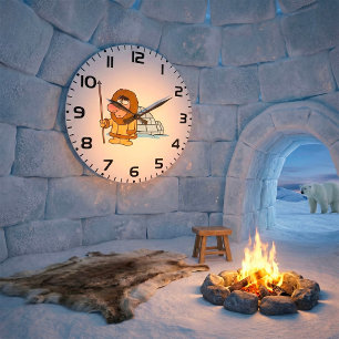 Cartoon Inuit Eskimo with Spear and Igloo Large Clock