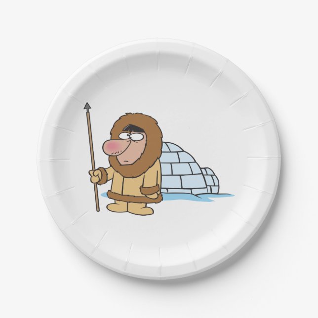 Cartoon Inuit Eskimo with Spear and Igloo Paper Plate (Front)