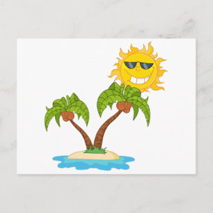 -Cartoon Island With Two Palm Tree And Cartoon Sun Postcard