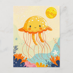 Cartoon Jellyfish Floating by Coral Reef Postcard