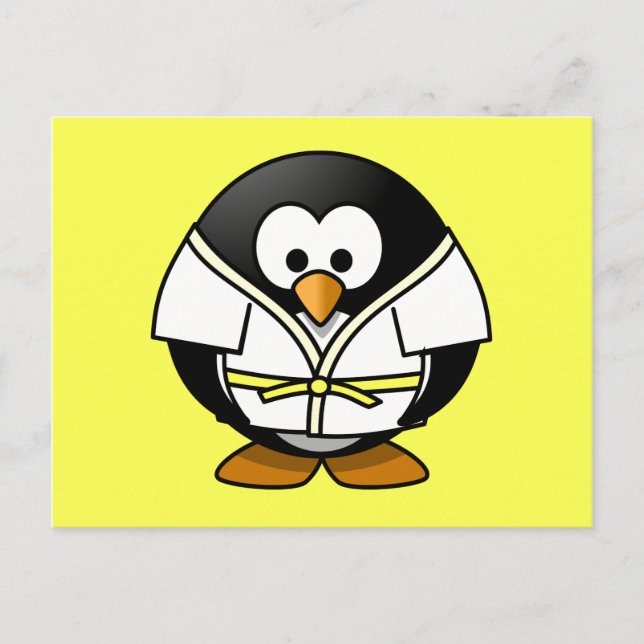Cartoon Judo Penguin Yellow Background Postcard (Front)