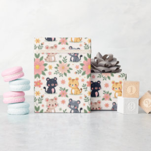 Cartoon Jungle Cats and Flowers Wrapping Paper