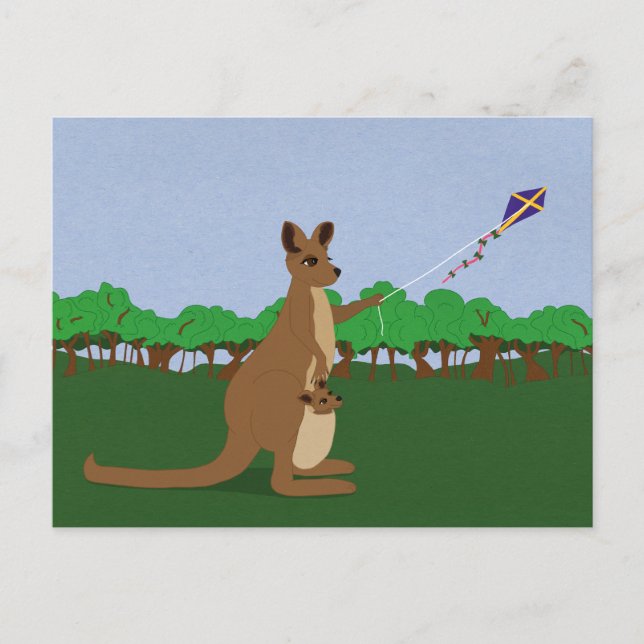 Cartoon Kangaroos Flying a Kite Postcard (Front)