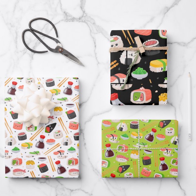 Cartoon kawaii sushi emoji face wrapping paper sheet (Front)