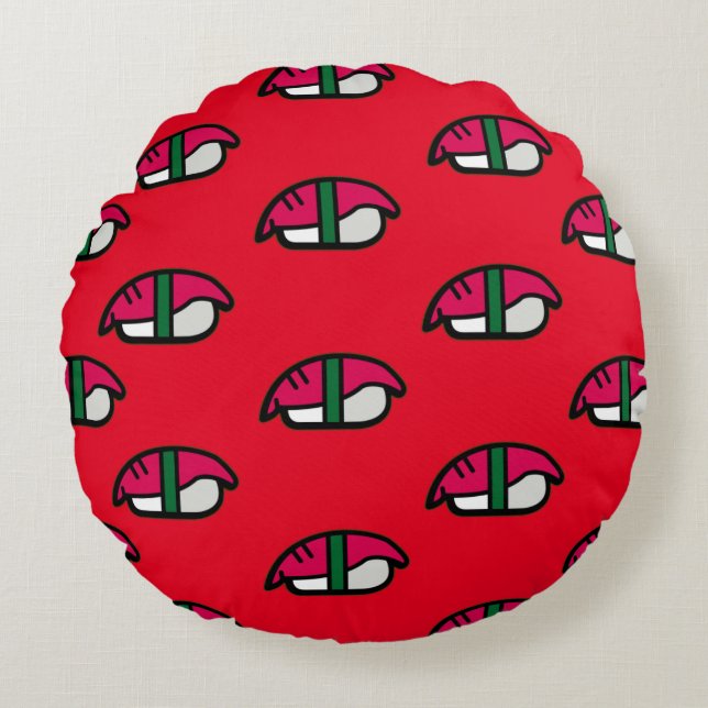 Cartoon Kawaii Sushi, Fish Rice & Seaweed Round Cushion (Front)