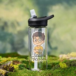Cartoon Kid Sticker with Glasses – "Stay Focused Water Bottle