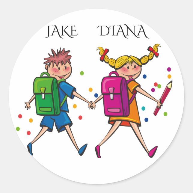 Cartoon kids with backpacks & custom names sticker (Front)