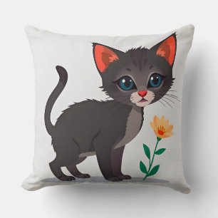 Cartoon Kitten Standing Near a Yellow Flower Cushion