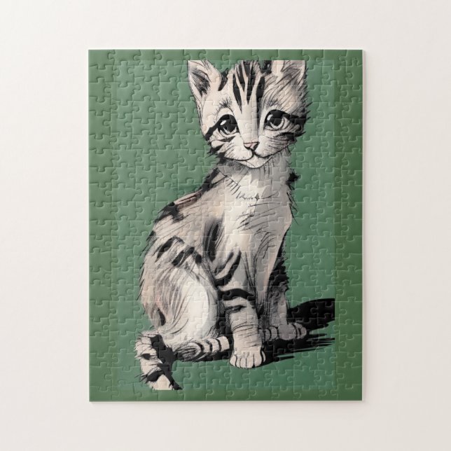 Cartoon kitten striped kitty voices green jigsaw puzzle (Vertical)