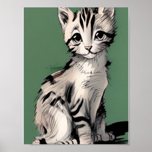 Cartoon kitten striped kitty voices green poster