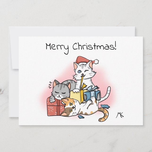 Cartoon Kittens unwrapping Christmas Presents Holiday Card (Front)