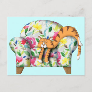 Cartoon Kitty asleep on a floral chair Postcard