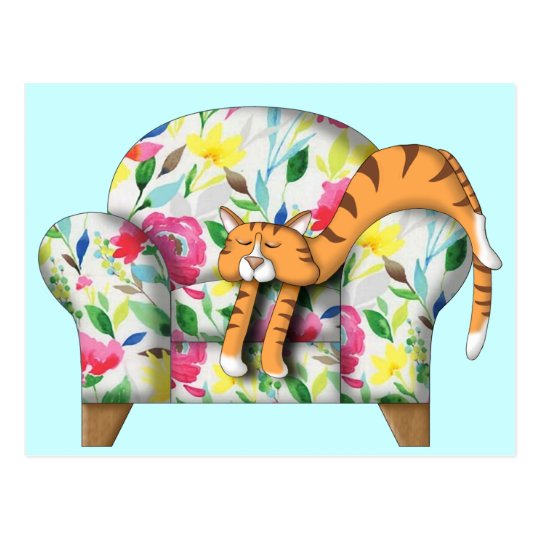 Cartoon Kitty asleep on a floral chair Postcard