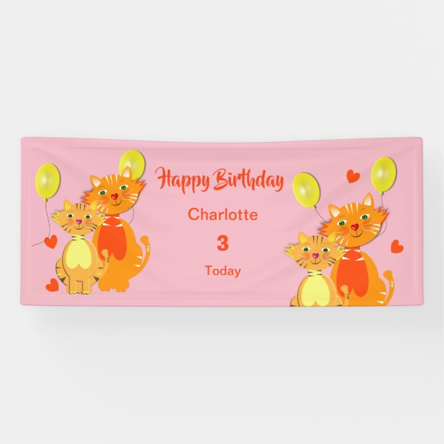 Cartoon Kitty Cat Kids Happy Birthday Personalised Banner (Horizontal)