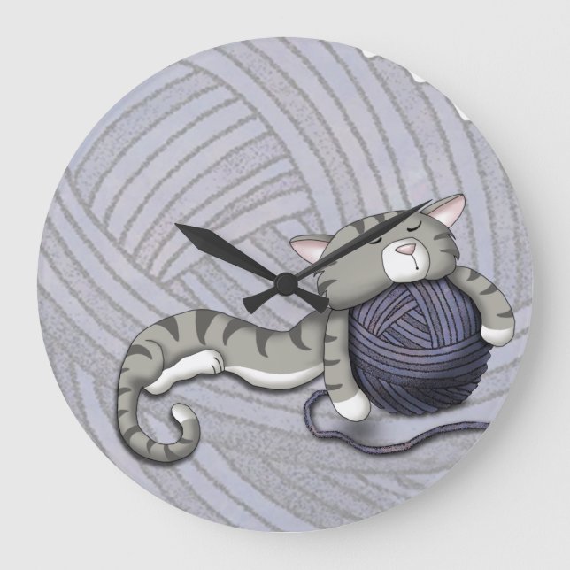 Cartoon Kitty with ball of yarn Large Clock (Front)