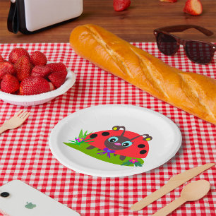 Cartoon Ladybug Bow and Flowers Paper Plate