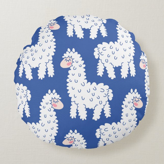 Cartoon lama alpaca, vintage pattern round cushion (Front)