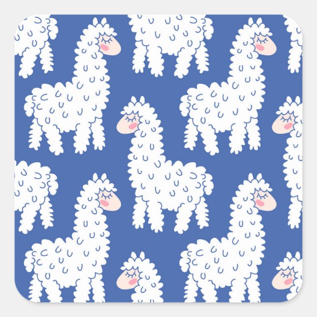 Cartoon lama alpaca, vintage pattern square sticker (Front)