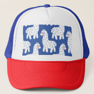 Cartoon lama alpaca, vintage pattern trucker hat