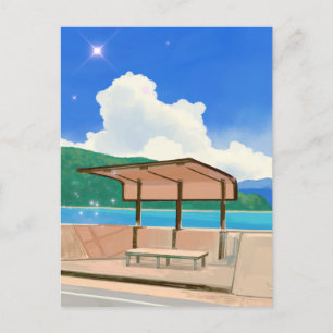 Cartoon landscape summer blue sky beach postcard